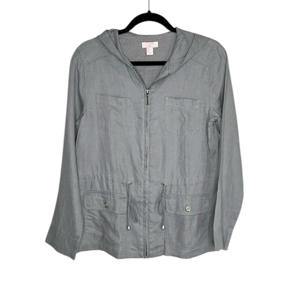 St. Tropez West 100% linen zip up hooded summer casual luxury jacket size small